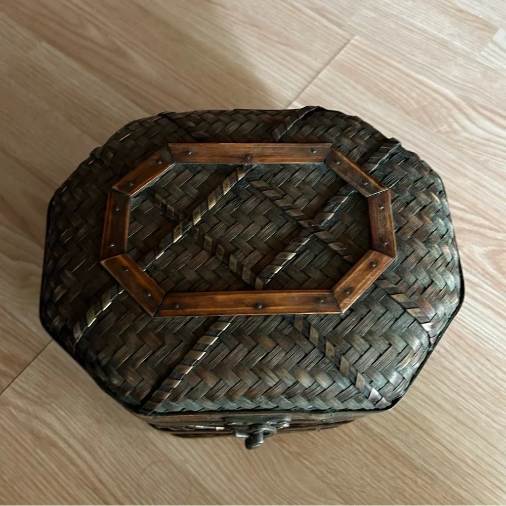 Vintage Wicker Metal Woven Decorative Chest Basket